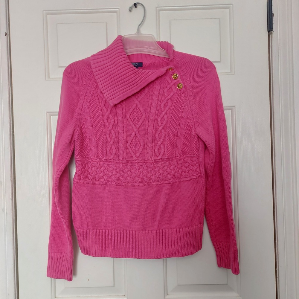 Chaps Womens Pink Cable Knit Sweater Button Shawl Neck Cotton Size Large
